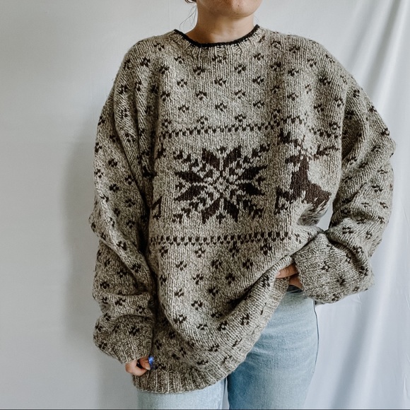 Vintage Sweaters - J. CREW | Vintage Tan / Brown 100% Wool Deer Winter Chunky Knit Sweater Sz XL